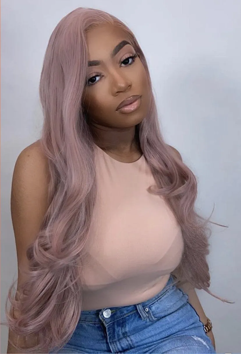 Rosé: 24-Inch Long Champagne Pink Heat Resistant Lace Frontal Synthetic Fibre Wig