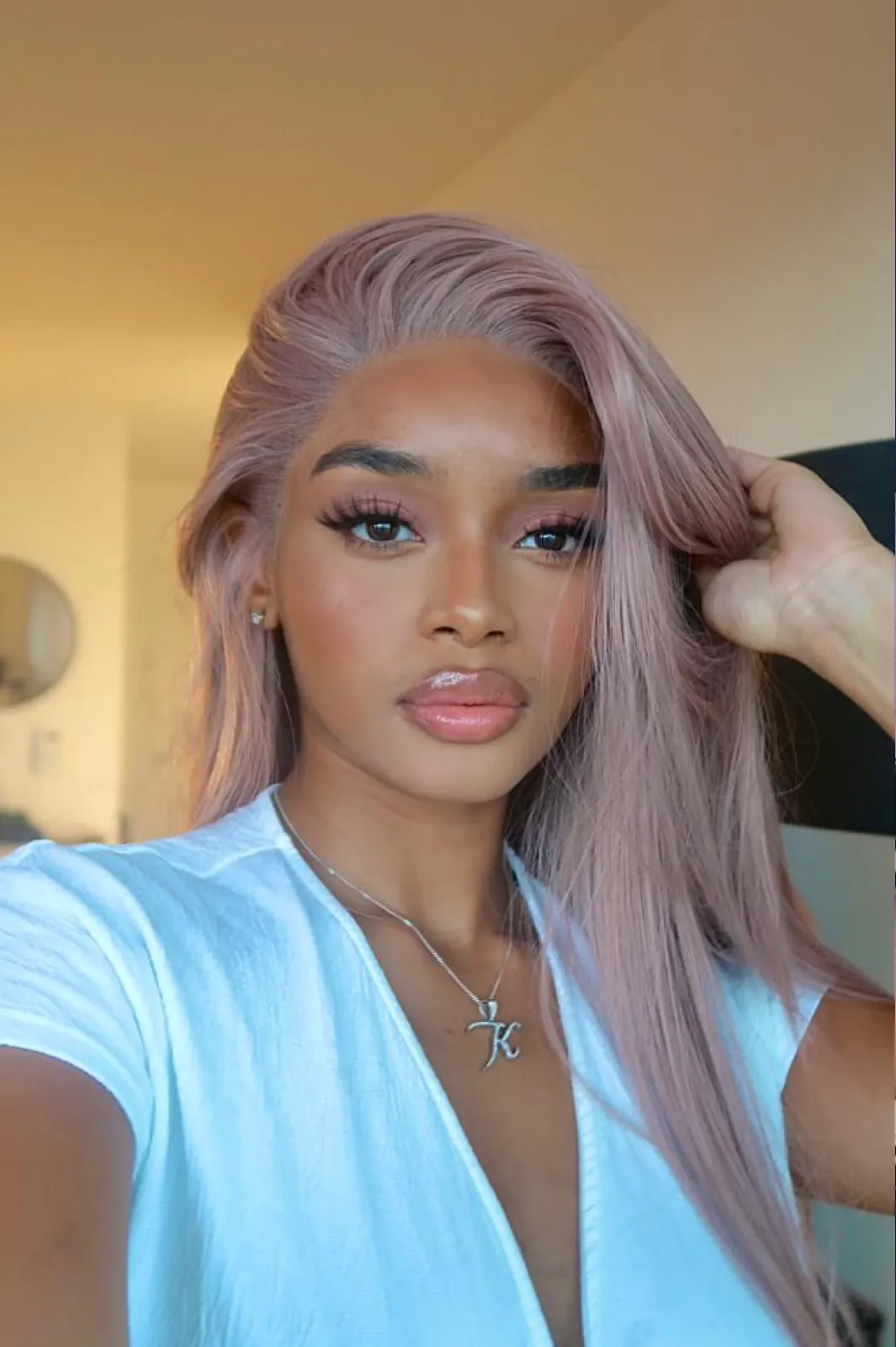 Rosé: 24-Inch Long Champagne Pink Heat Resistant Lace Frontal Synthetic Fibre Wig