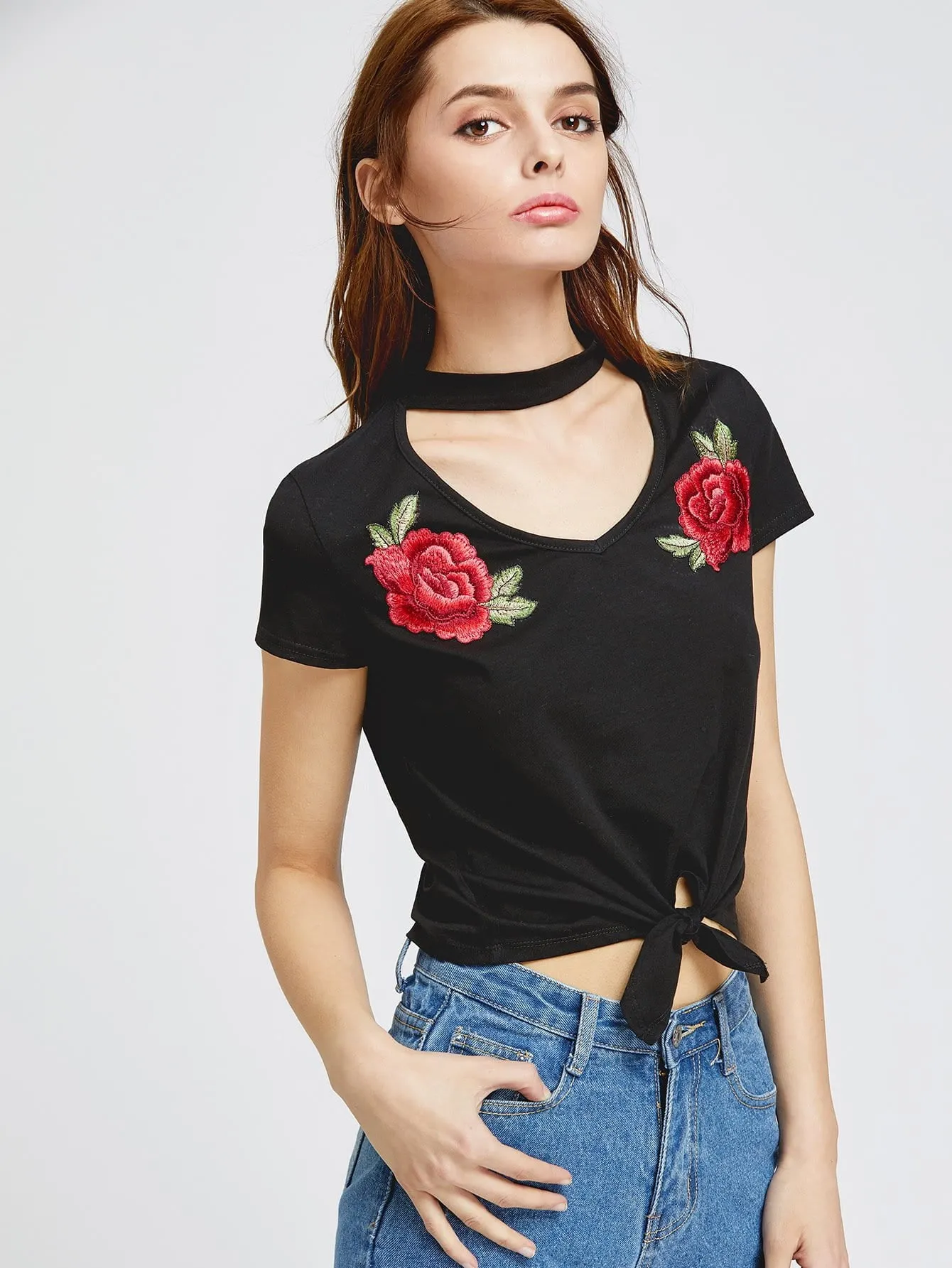 Rose detail choker crop tie top