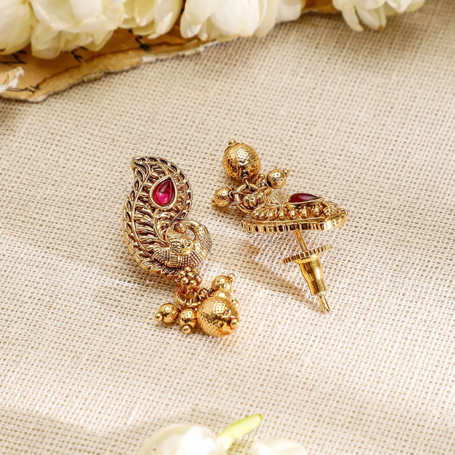 Rubans 22K Gold-Plated Ruby & Emerald Stone Handcrafted Necklace Set with Traditional Paisley Motif