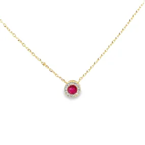 Ruby & Diamond Halo Yellow Gold Necklace