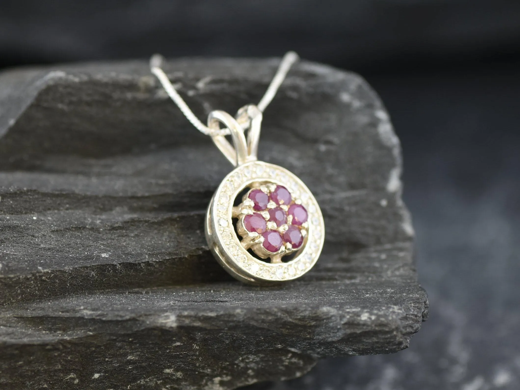 Ruby Flower Pendant - Red Daisy Necklace - Dainty Flower Necklace