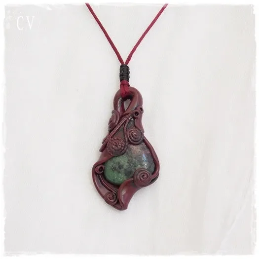 Ruby Zoisite Polymer Clay Pendant ~