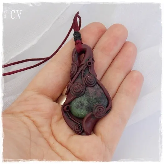 Ruby Zoisite Polymer Clay Pendant ~