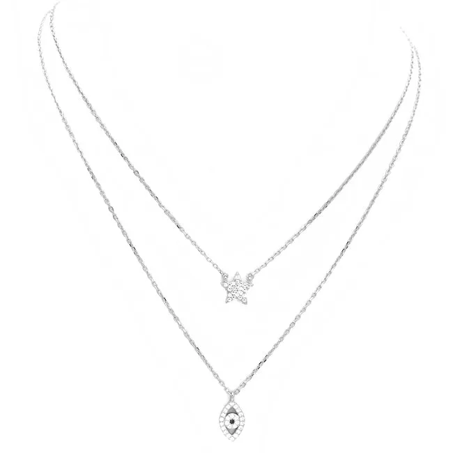 Sterling Silver CZ Evil Eye Layered Necklace