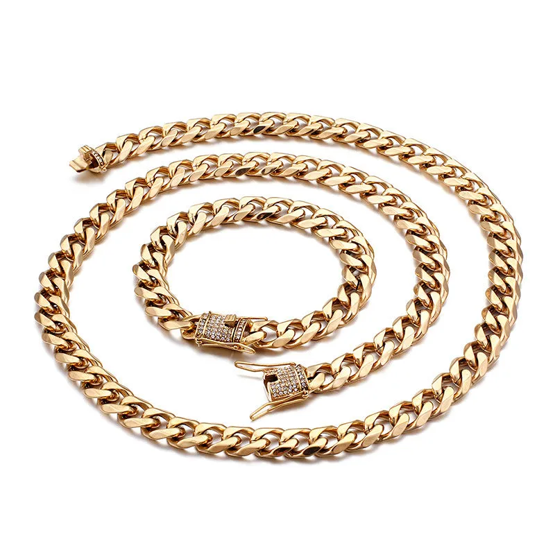 Titanium Steel CZ Zircon Men's Cuban Chain Bracelet - European and American Hip Hop Style Jewelry