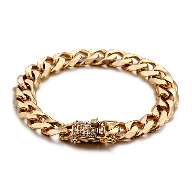 Titanium Steel CZ Zircon Men's Cuban Chain Bracelet - European and American Hip Hop Style Jewelry
