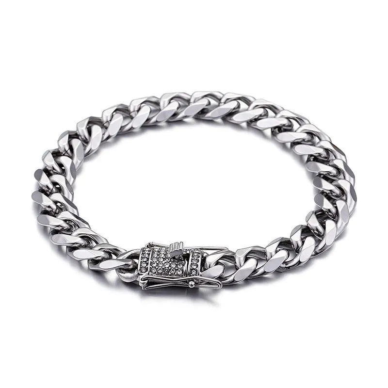 Titanium Steel CZ Zircon Men's Cuban Chain Bracelet - European and American Hip Hop Style Jewelry