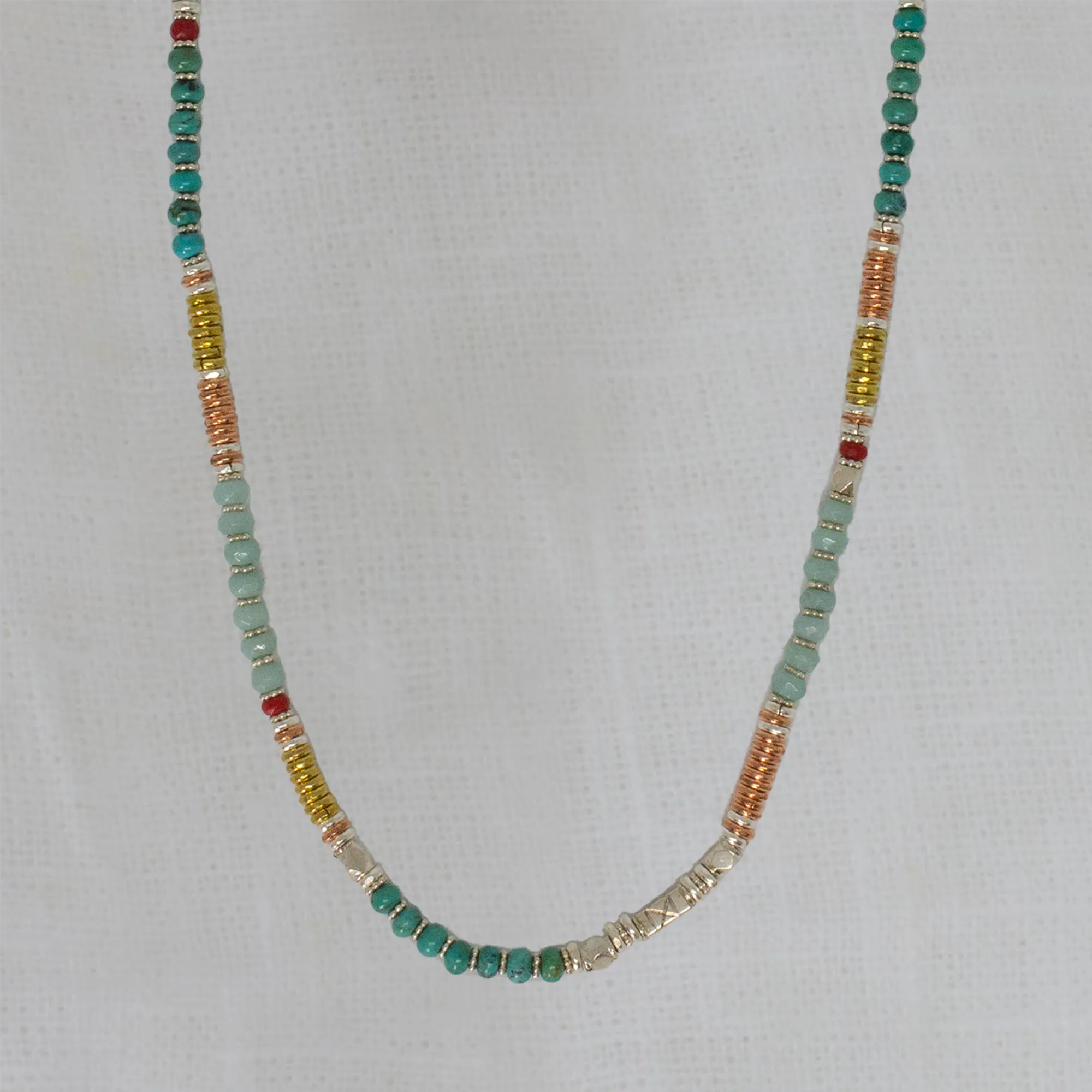Turquoise, Lapis and Coral Mixed Metals Necklace