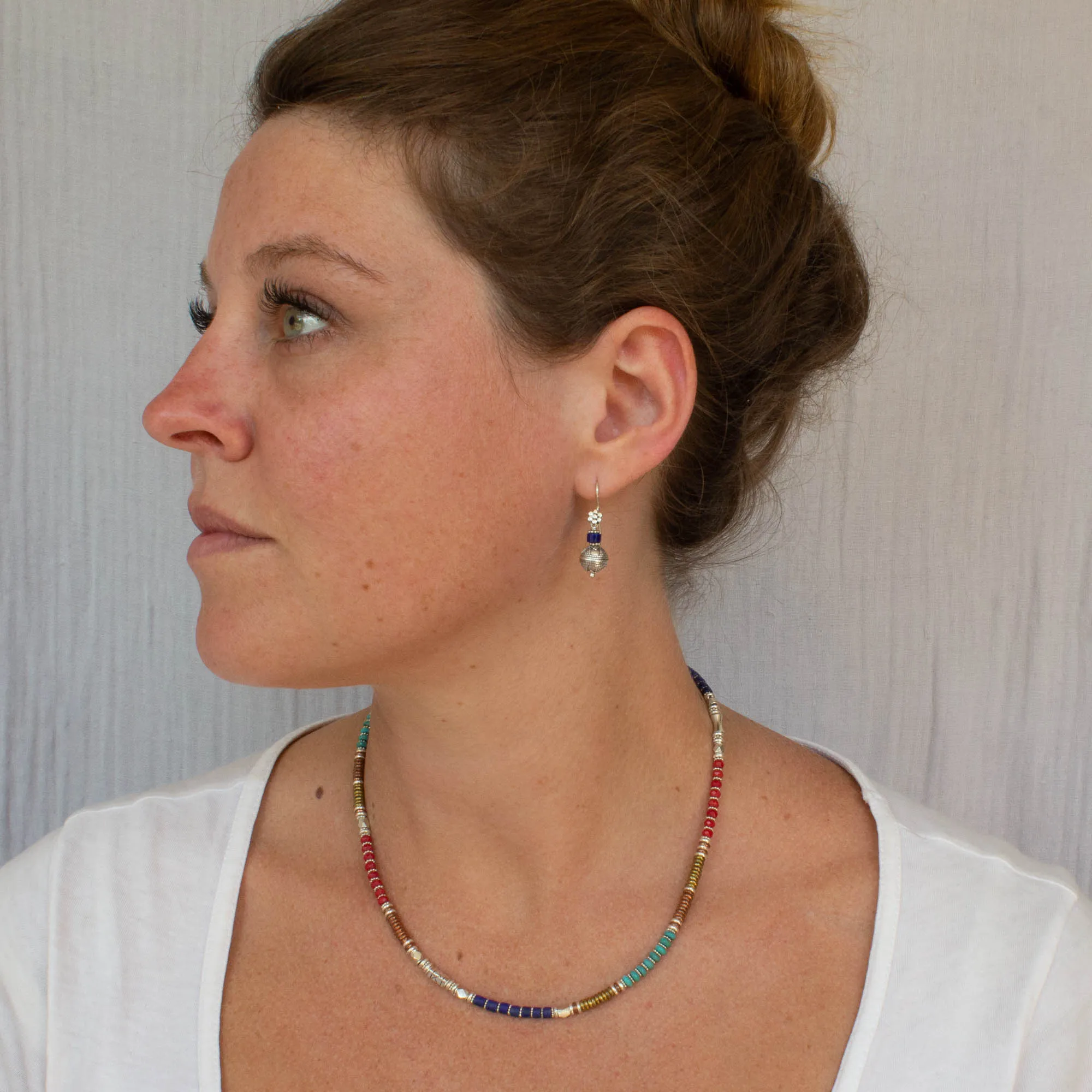Turquoise, Lapis and Coral Mixed Metals Necklace