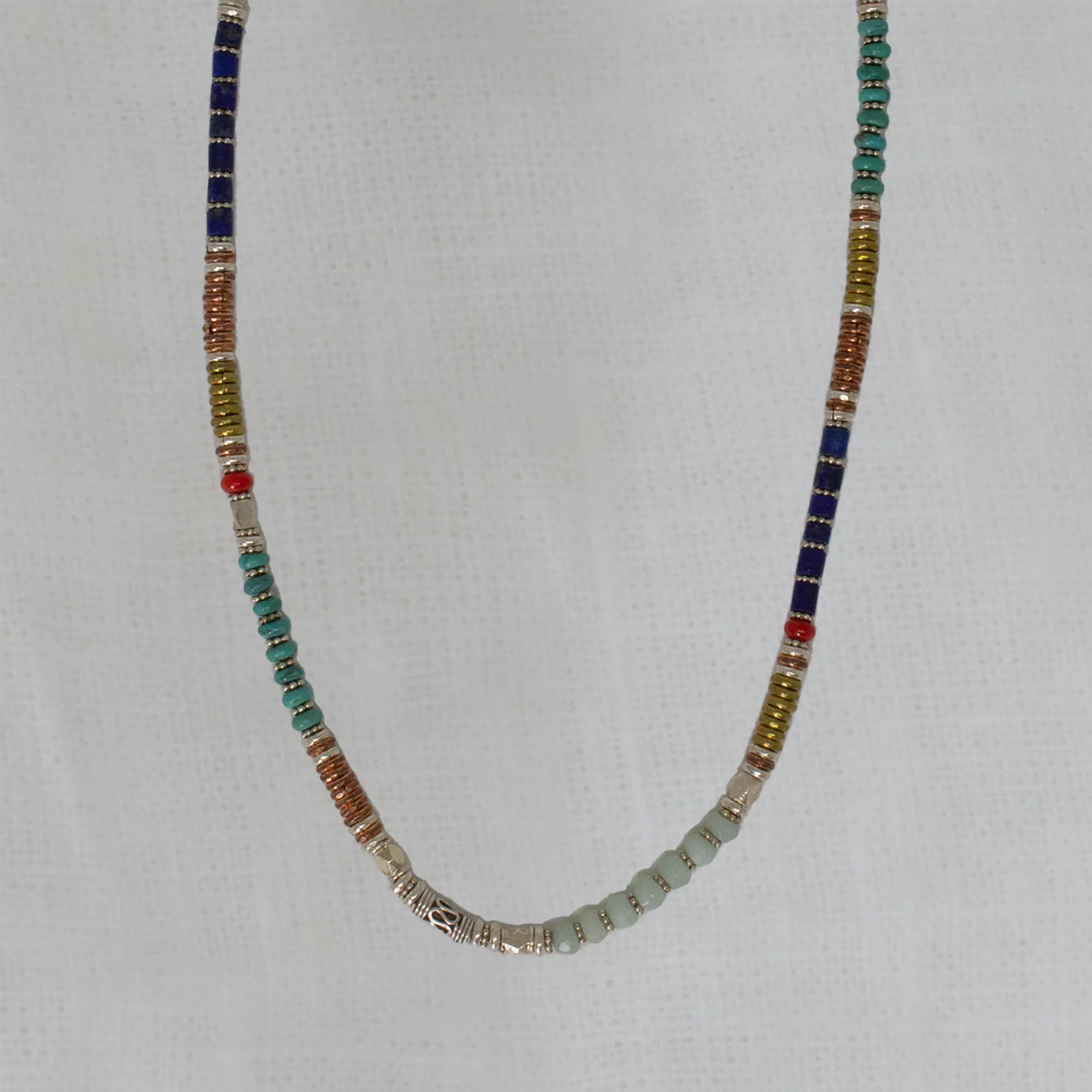 Turquoise, Lapis and Coral Mixed Metals Necklace