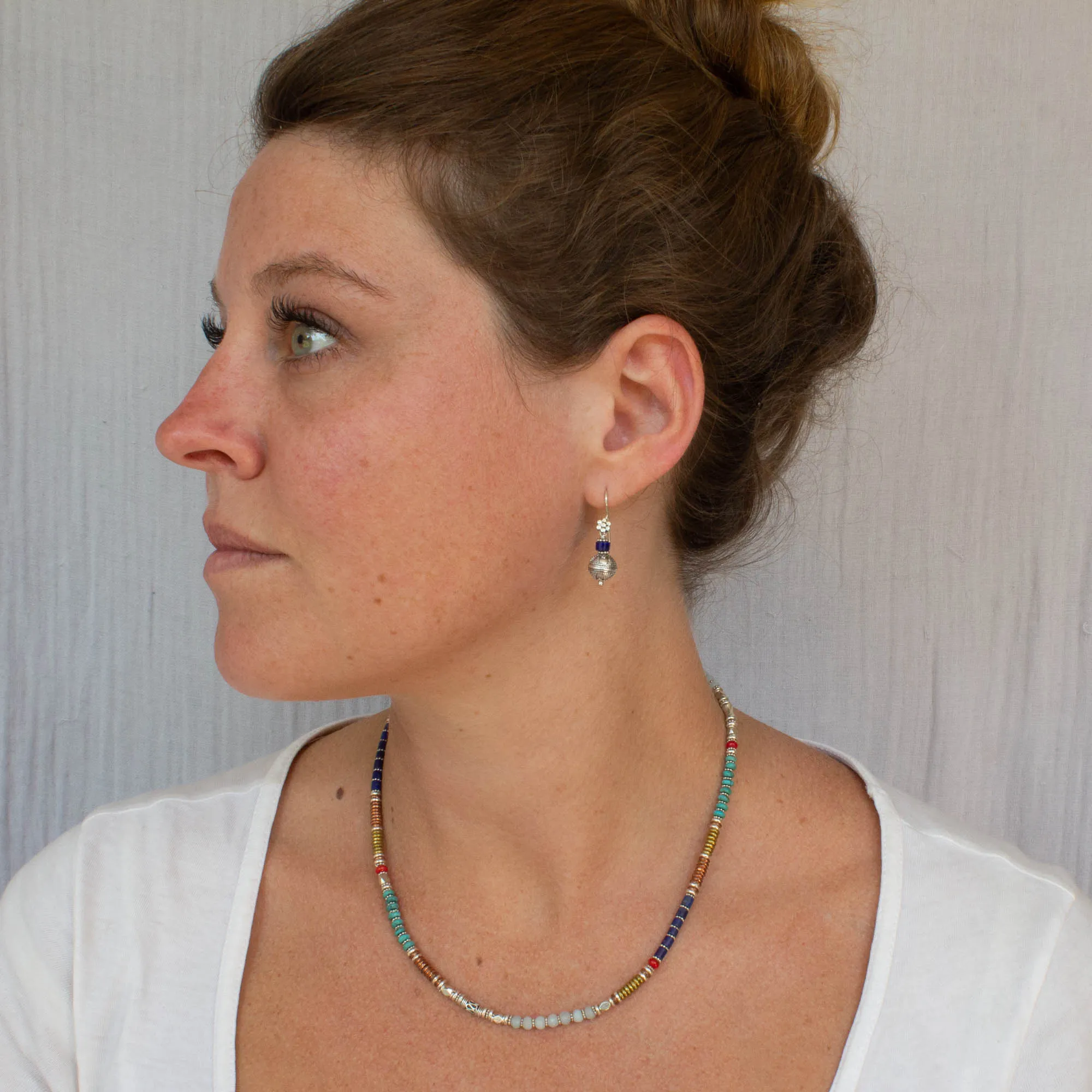 Turquoise, Lapis and Coral Mixed Metals Necklace