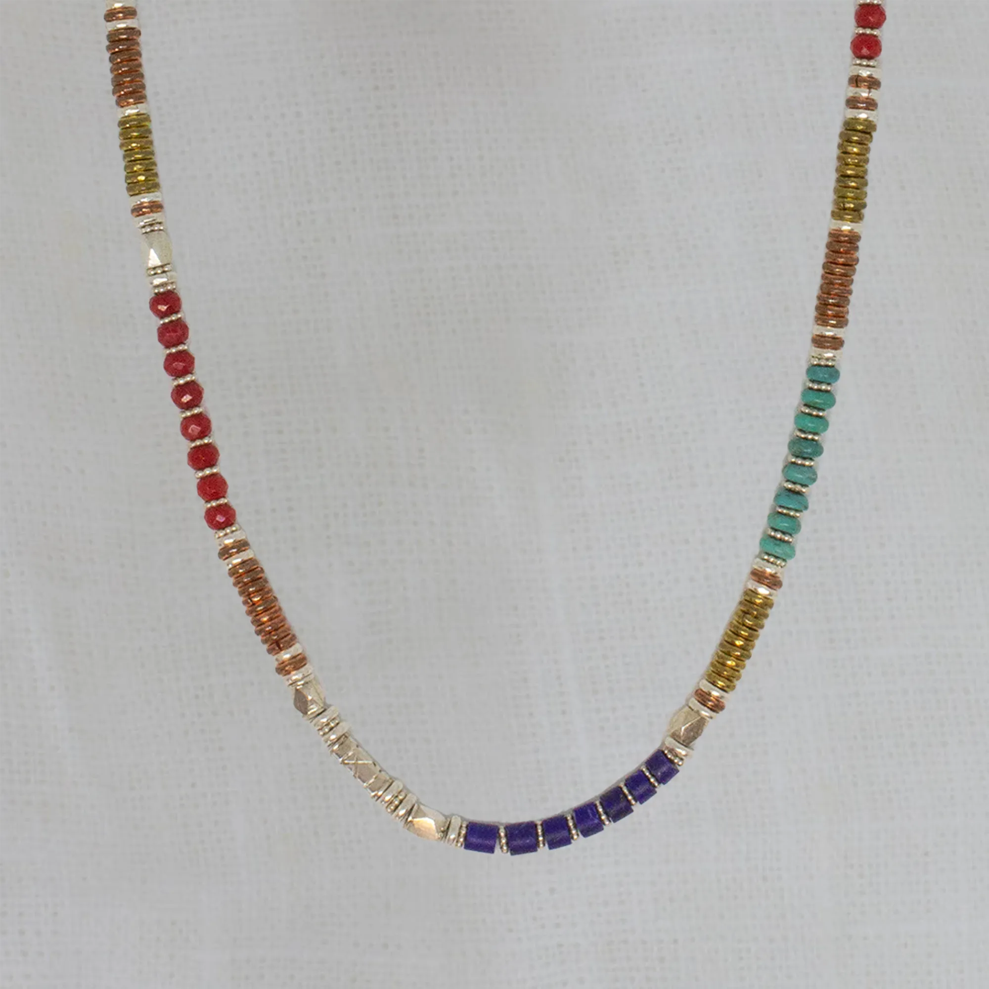 Turquoise, Lapis and Coral Mixed Metals Necklace
