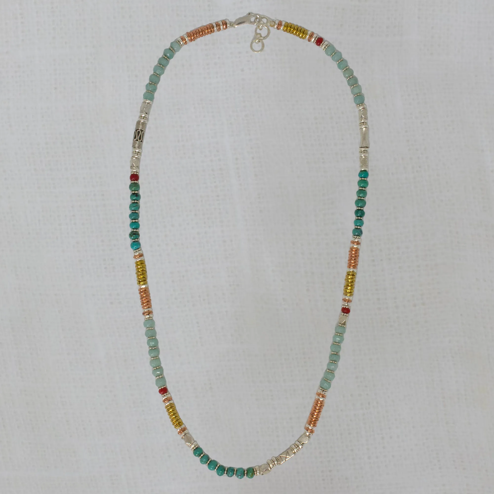 Turquoise, Lapis and Coral Mixed Metals Necklace