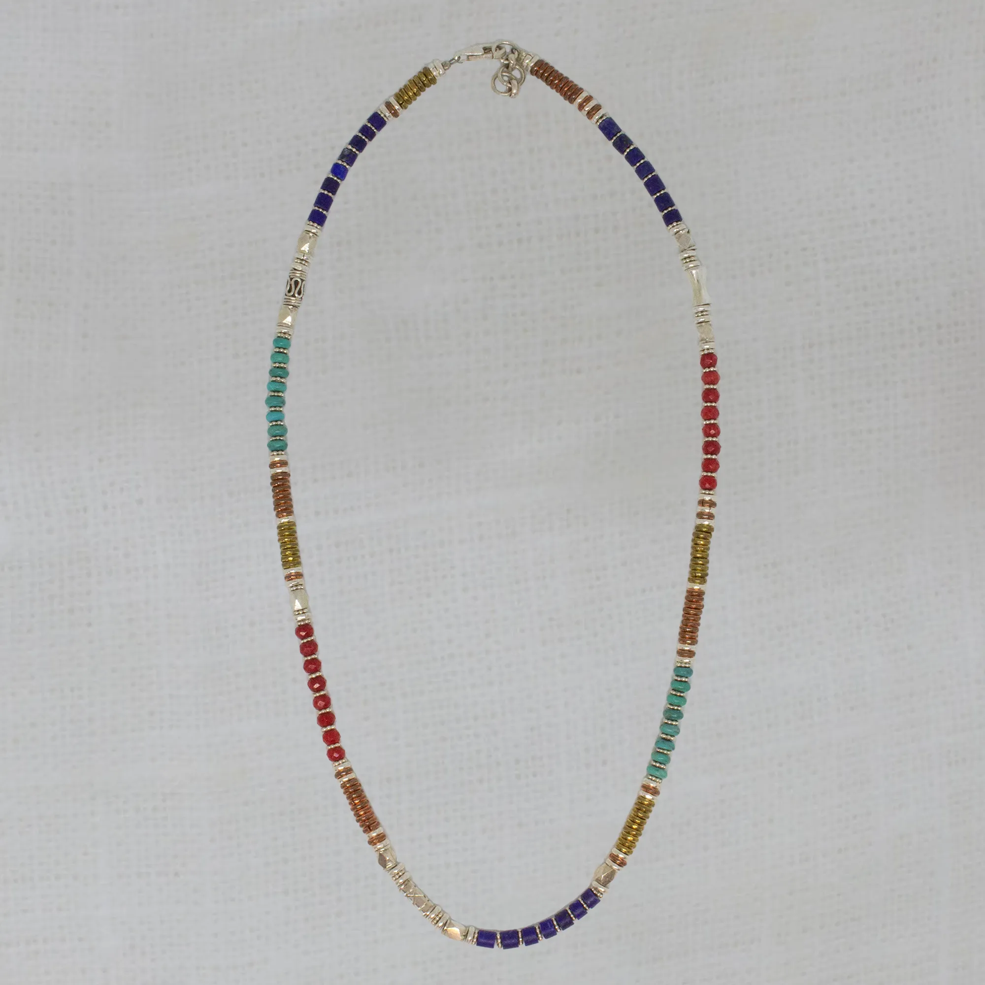 Turquoise, Lapis and Coral Mixed Metals Necklace