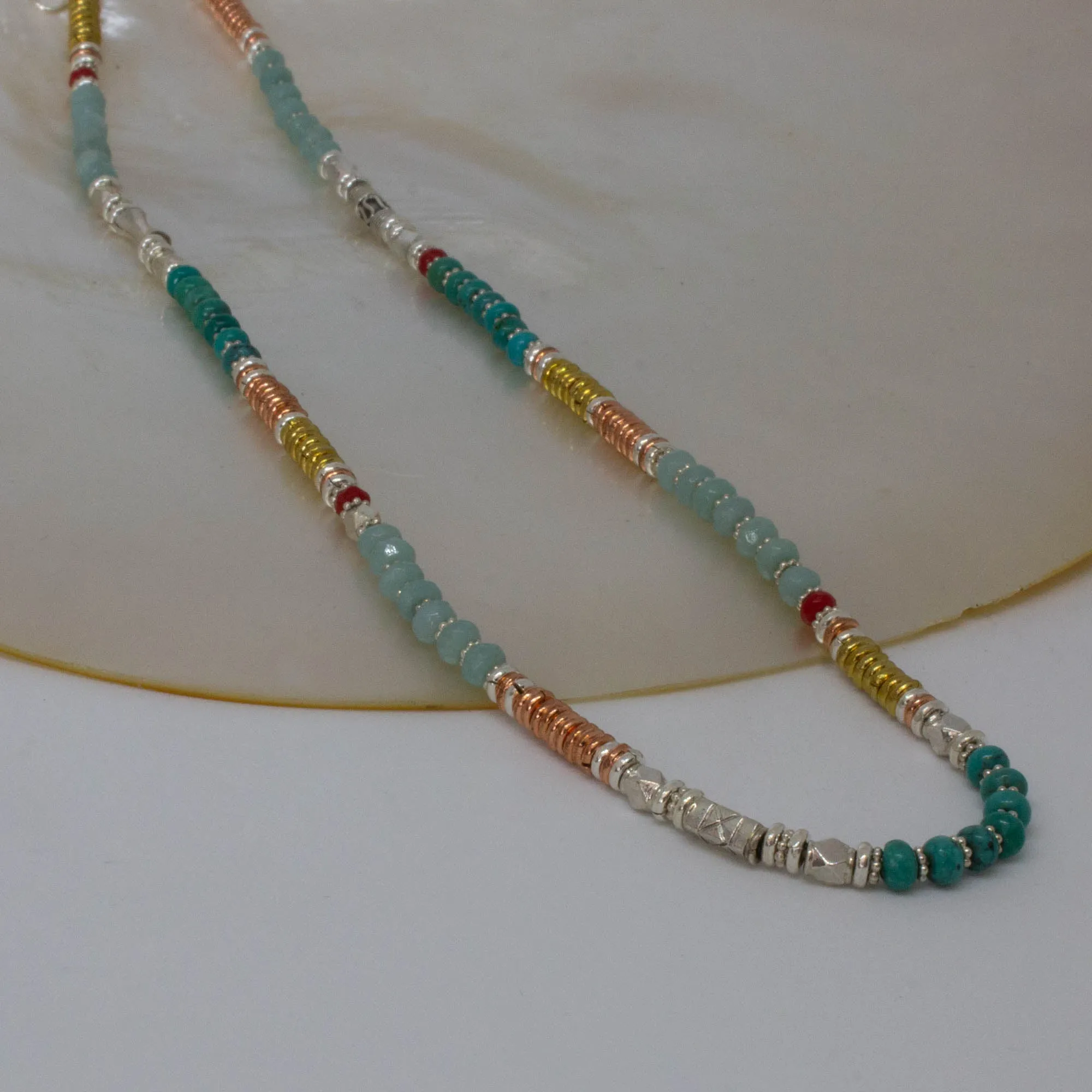 Turquoise, Lapis and Coral Mixed Metals Necklace