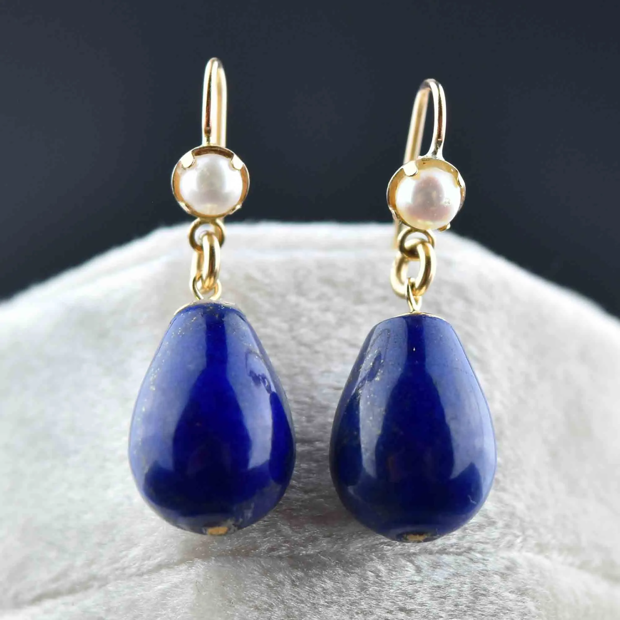 Vintage Gold Lapis Lazuli Pearl Dangle Drop Earrings