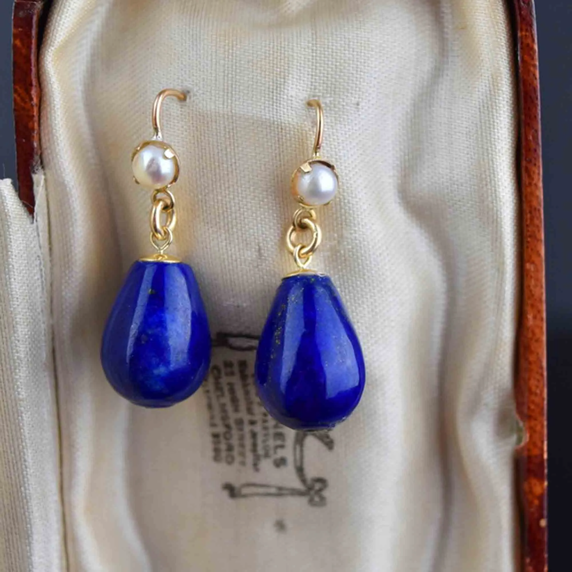 Vintage Gold Lapis Lazuli Pearl Dangle Drop Earrings