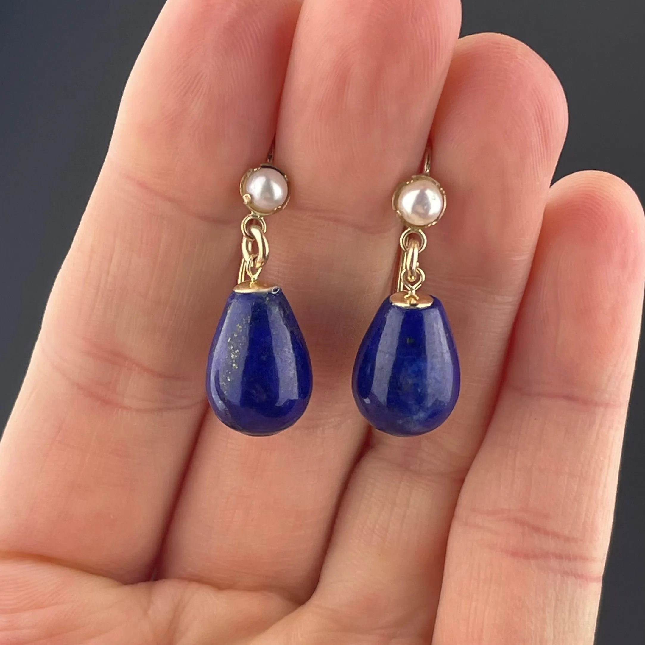 Vintage Gold Lapis Lazuli Pearl Dangle Drop Earrings