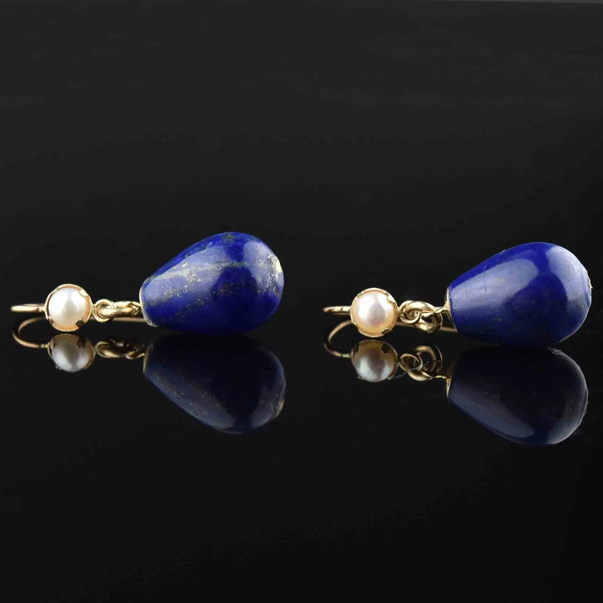 Vintage Gold Lapis Lazuli Pearl Dangle Drop Earrings