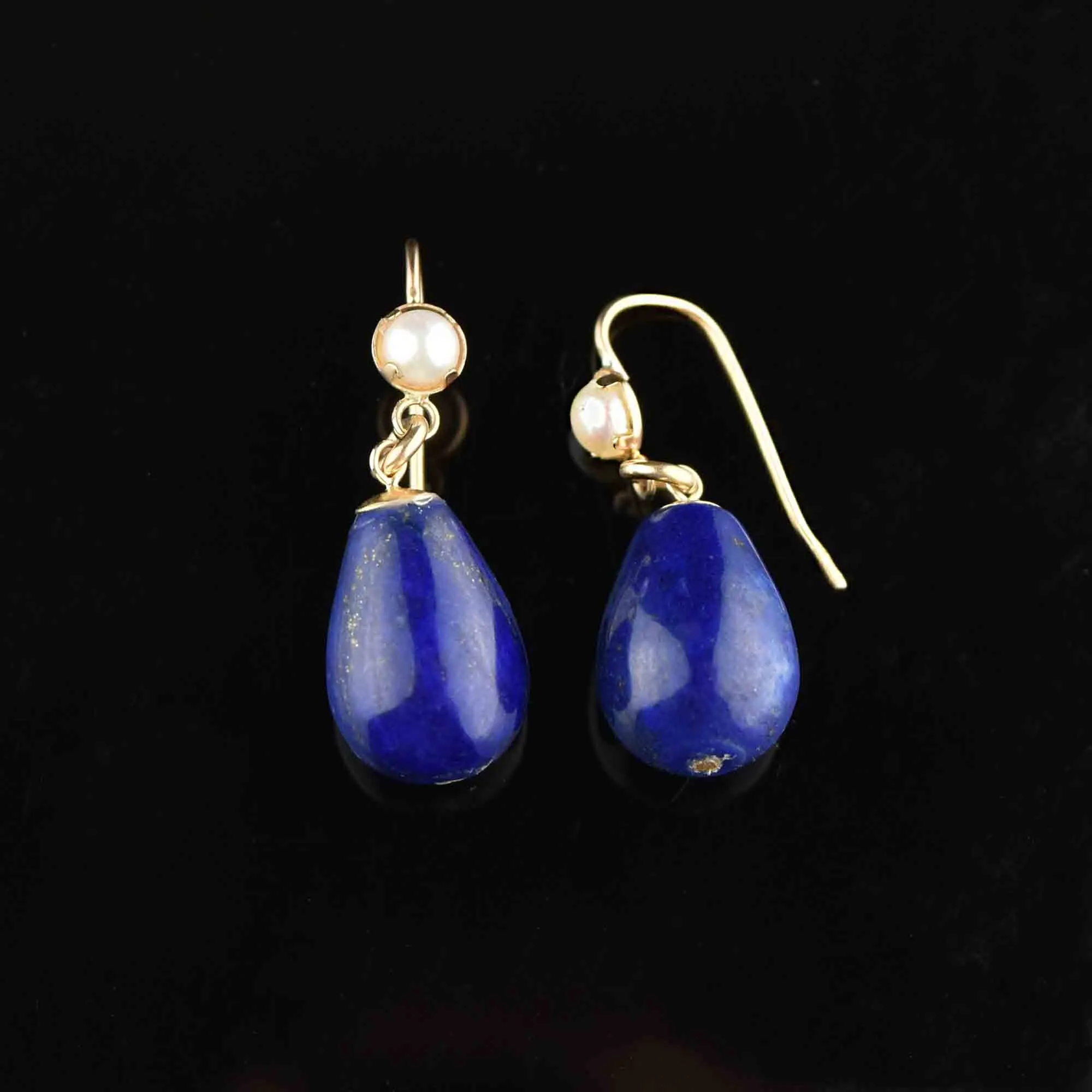Vintage Gold Lapis Lazuli Pearl Dangle Drop Earrings