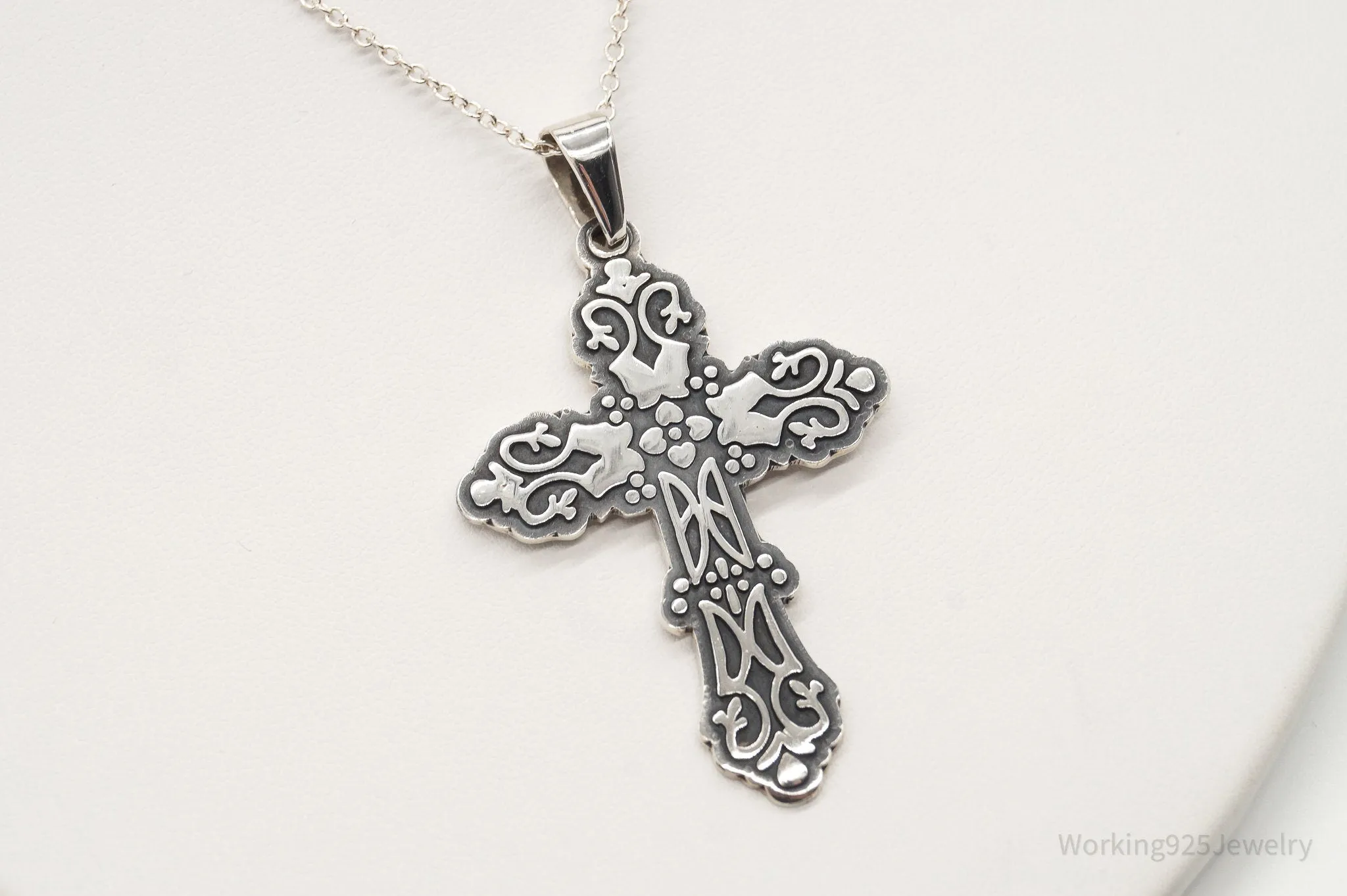 Vintage Large Mexico Artisan CII Cross Sterling Silver Necklace