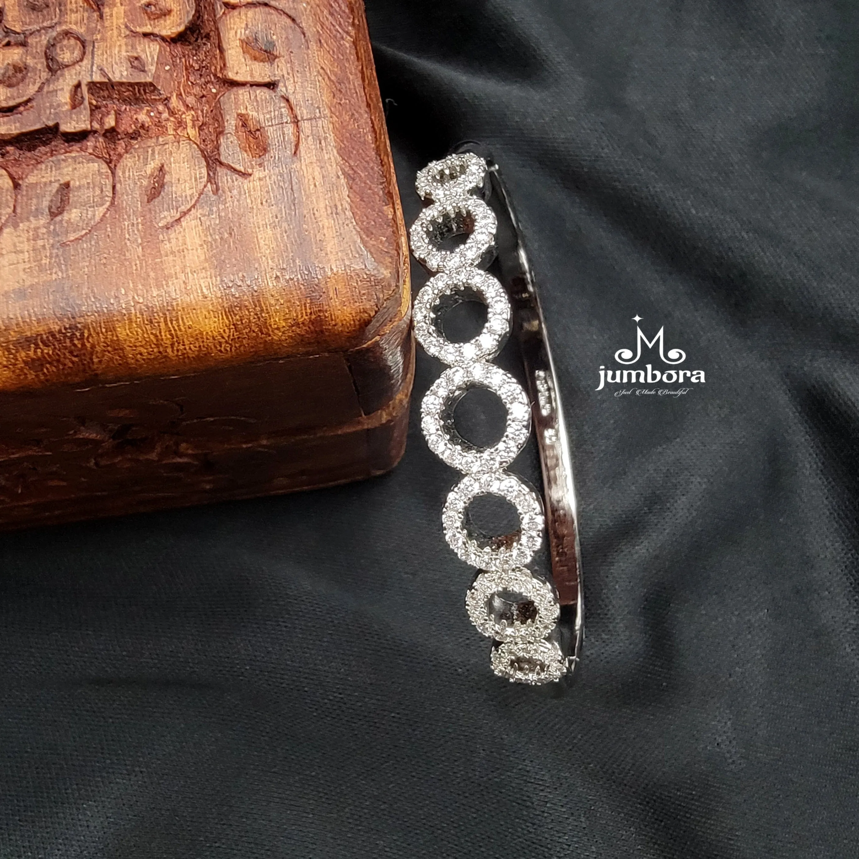 White AD Zircon Stones Silver Finish Openable Single Bangle Bracelet