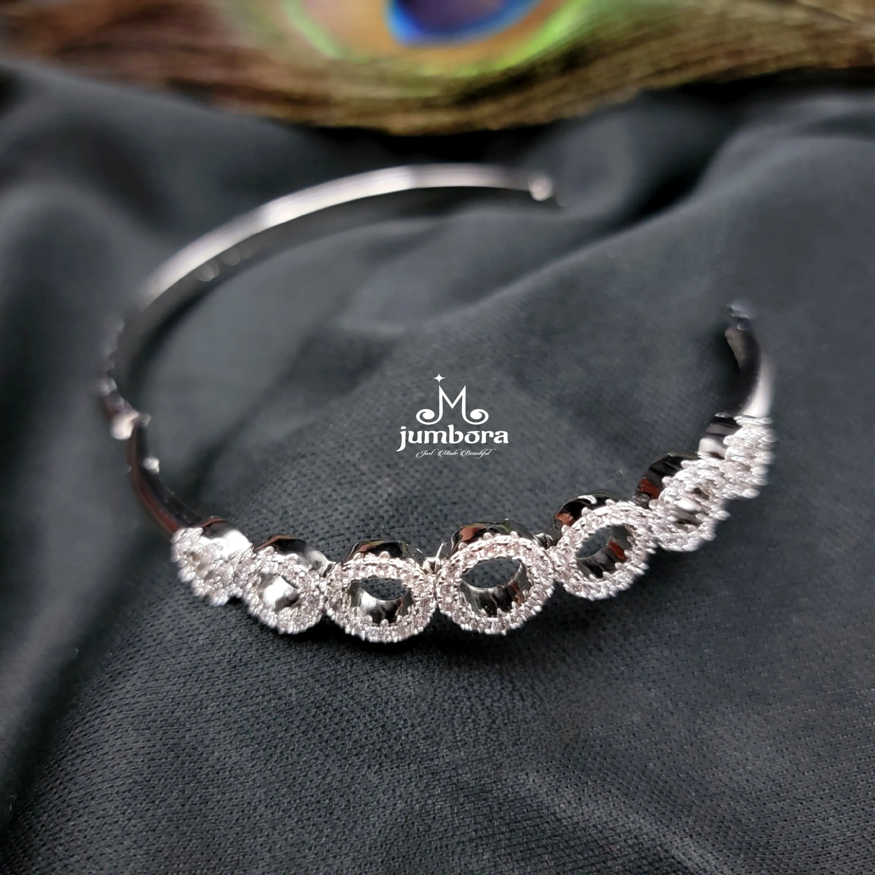 White AD Zircon Stones Silver Finish Openable Single Bangle Bracelet