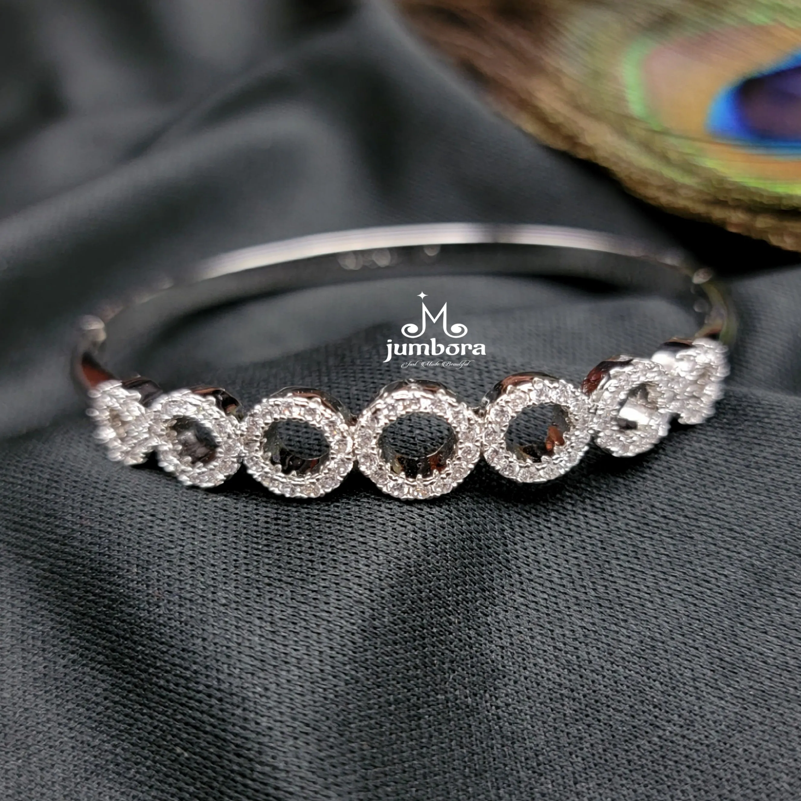 White AD Zircon Stones Silver Finish Openable Single Bangle Bracelet